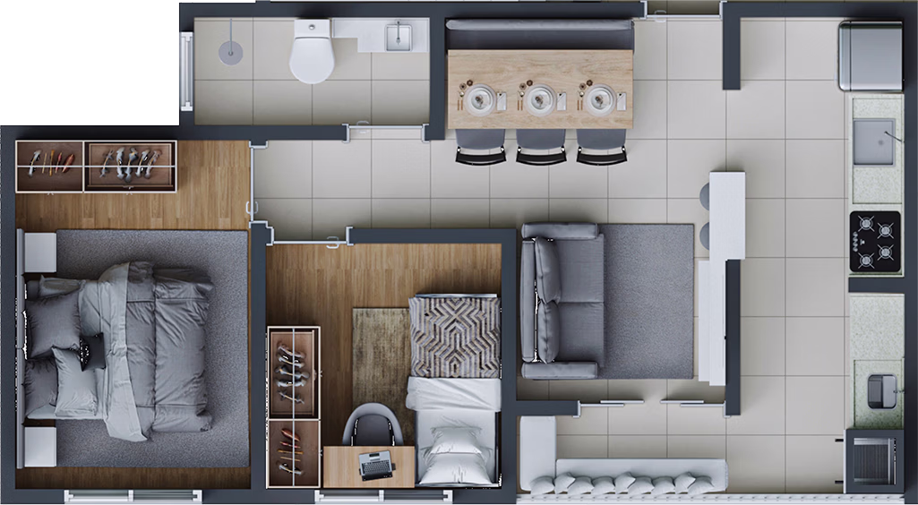 Planta ilustrativa do apartamento tipo do Residencial Hibisco, 45,49 m²