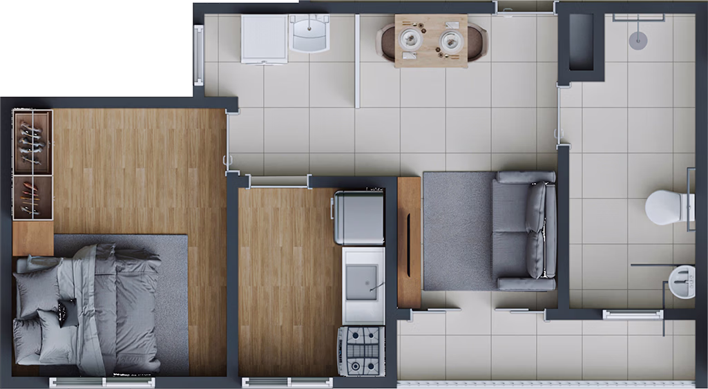 Planta ilustrativa do apartamento tipo PCD do Residencial Hibisco, 45,49 m²
