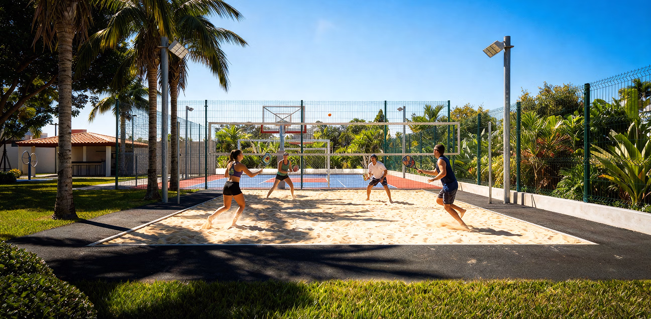 Perspectiva ilustrada da quadra de beach tennis