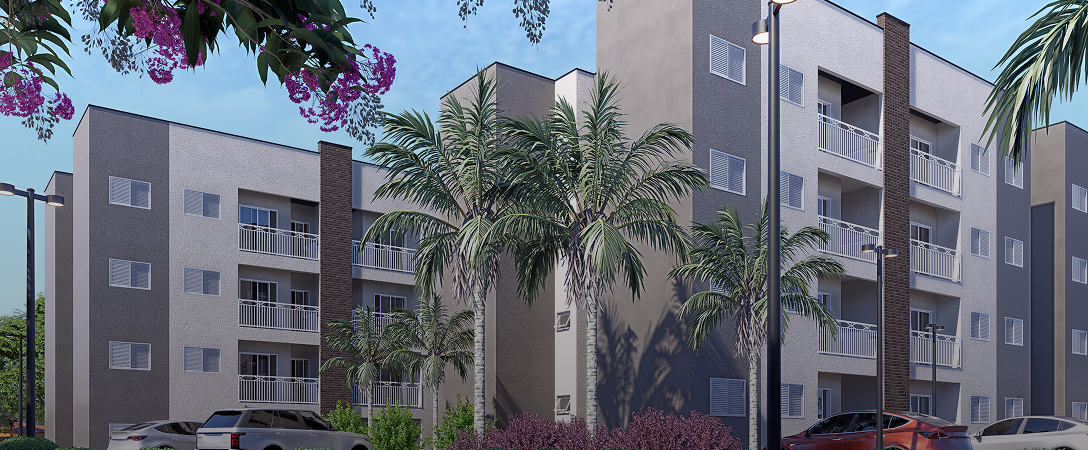 Render da fachada do Residencial Hibisco